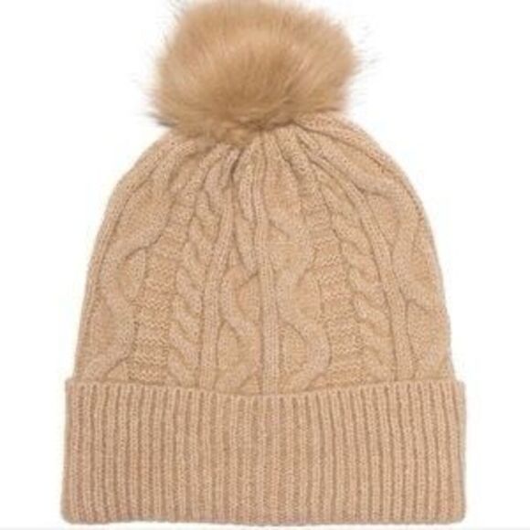 ✨SAVE THE OCEAN RECYCLED CABLE KNIT BEANIE WITH FAUX FUR POMPOM BEIGE✨ - Picture 1 of 5
